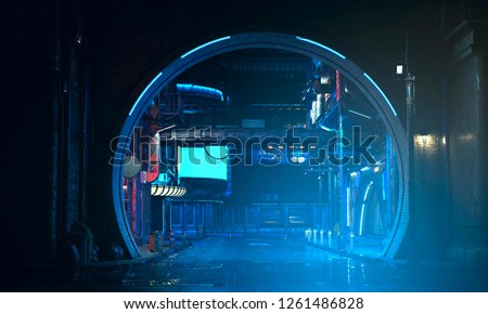 Street of a futuristic city, starting with an arch in a brick wall. Photorealistic 3D illustration. Night scene with neon lighting.\
City landscape in the style of cyberpunk.