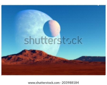 Fantastic landscape in the red desert with two planets