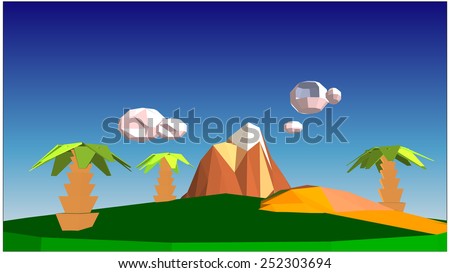 Landscape with mountain and palm trees against the sky with clouds. Vector illustration in a low-polygonal style