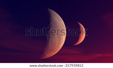 Two moons in the sky with the stars in the light of the setting sun. Fantastic landscape