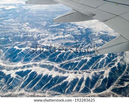Aerial view of mountain range viewed from airplane, Alberta\'s Rockies, Canadian Rockies, Alberta, Canada