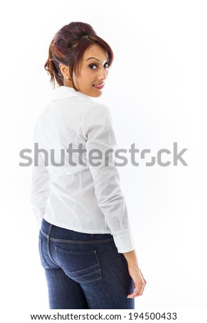 Indian young woman turning back isolated on white background