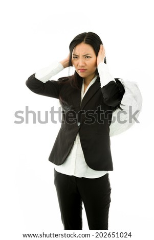 Asian young businesswoman dressed up as an angel hear no evil isolated on white background