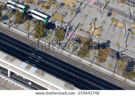 Overhead view of two buses on the port road, Barcelona, Catalonia, Spain