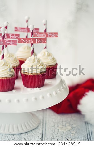 North Pole cupcakes on a cakestand