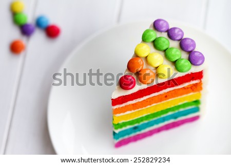 Colorful slice of rainbow layer cake