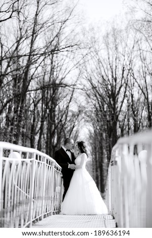 Beautiful wedding couple is enjoying wedding white black photo