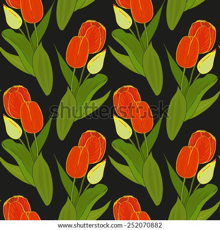 Vector floral seamless pattern with colorful bouquets of tulips on a black background. Eps 10.