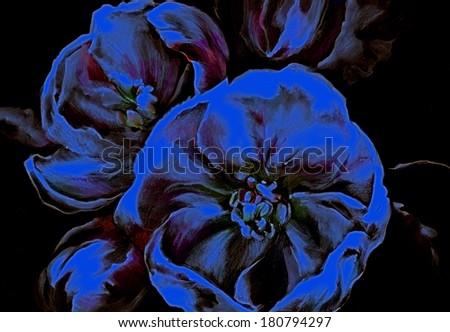 Bright - blue unrealistic apple flowers in fantasy style on a black background