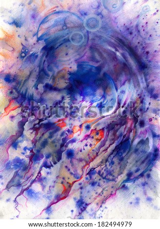 Medusa painted watercolors on white paper. Beautiful abstract blue, violet and lilac tones.