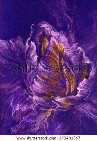 Incredibly beautiful flower - transparent white graphics on a deep purple background. Mystical, glowing and unreal.  Made white pen on colored paper.