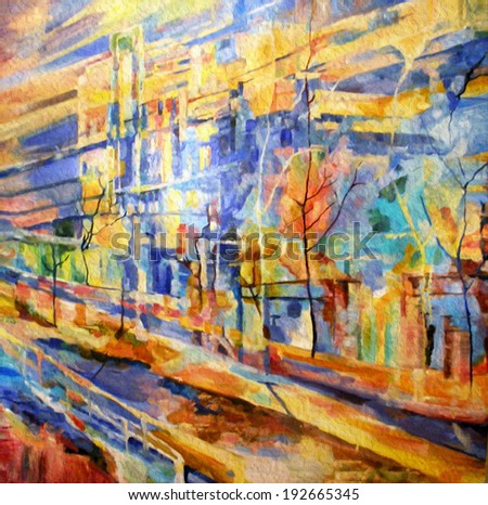 Bright multicolored abstract cityscape. Street with modern houses in the future. Dynamic movement on the background of modern buildings, trees and and roads.
