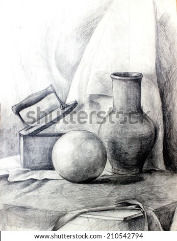 Classic training graphic still life with various objects - iron,white ball and a clay jug on the draperies. Pencil drawing on paper.
