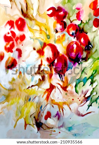 Abstract colorful watercolor on paper - autumn still life with maple leaves, flowers and fruits of wild rose.