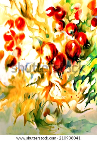Abstract colorful watercolor on paper - autumn still life with maple leaves, flowers and fruits of wild rose in green and yellow colors.