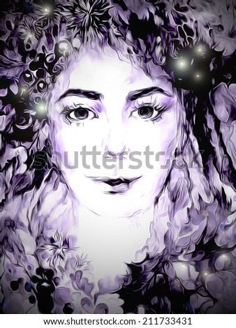 Portrait of fairy - fabulous forest fairy fantasy style, girl  in dark purple monochrome colors with glitter and glare.,a beautiful face with mysterious plants in the hair and expressive eyes