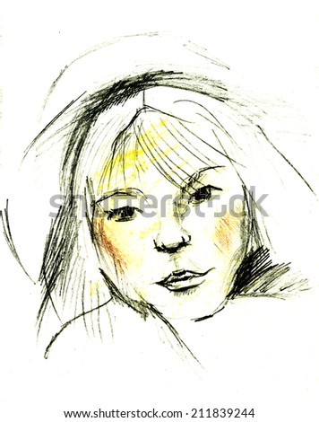 Graphic drawing - sketch. Portrait of a girl.