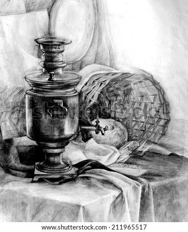 Classic training graphic still life with various objects on the draperies. Pencil drawing on paper.