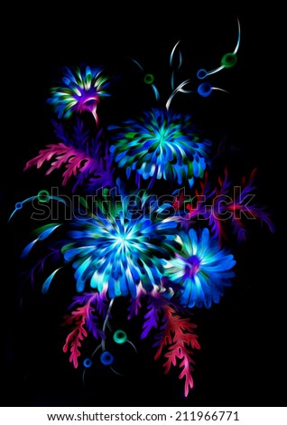 Bright - blue unrealistic  flowers with pink leaves  in fantasy style on a black background