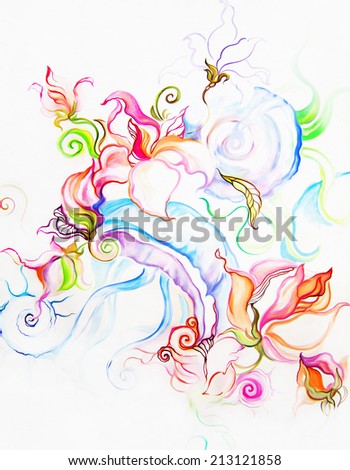 Light sweet graphics with colorful marine jellyfish and plants.Ornamental decorative style.Watercolor.