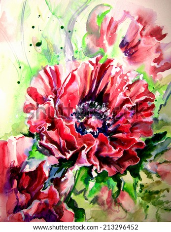 Bright red poppies on a background of green leaves. Watercolor and tempera  on paper - painted by hand.