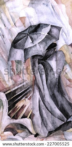 Rain, autumn, person in the park under an umbrella - closes his cloak from the wind. Hand illustration - watercolor on paper.