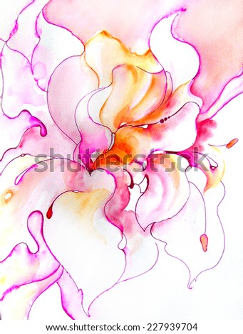 Bright pink  beautiful abstract flowers . Hand drawing watercolor graphics on textured paper.