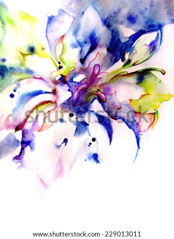 Abstract colorful watercolor with graphics on textured paper - fantasy blue flower.
