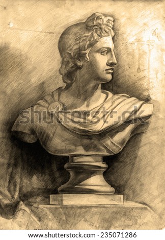 Sculpture with fabric. Classic pencil drawing on paper - plaster figure. Antiquity. Old picture. Textured very old paper with visible traces old.Sepia.