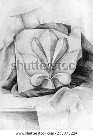 Classic pencil drawing on paper - plaster figure.Relief with fabric.Antiquity. Old picture.