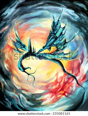 Mystical Dragon as the Venice mask with expressive eyes against the bright sun, flying over the storm, sea and fire in dark clouds in sky. Surrealism, Symbolism. Oil painting on textured canvas.