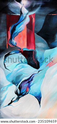 Abstract with flowers and candle  in bright blue colors on a dark background. Oil painting on canvas. textured background