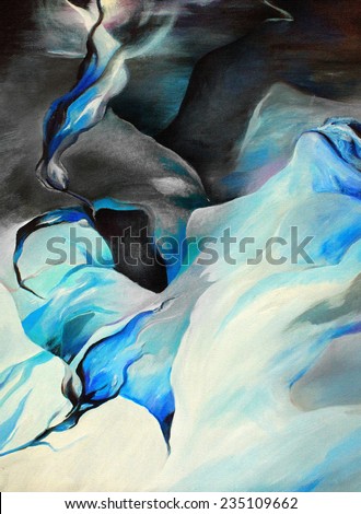 Abstract with bodies and flowers in bright blue could colors on a dark background. Oil painting on canvas. Textured background