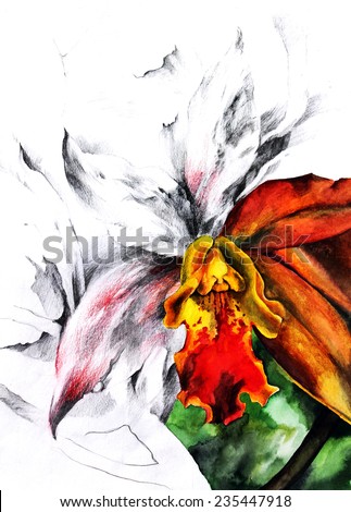 Black  and white exotic orchid painted in watercolor and ink on paper. As if from a flower painted on paper turns into the real thing. Hand illustration.Beautiful background for a card.