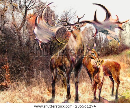 Family beautiful reindeer on a background of trees, sky and rocks. Digital Graphics.
