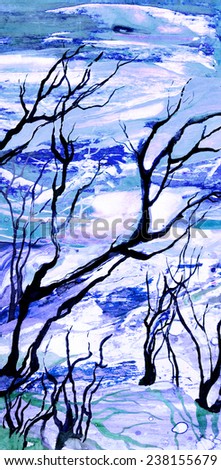 Winter landscape in cold gentle tones on textural background. Hand painting.