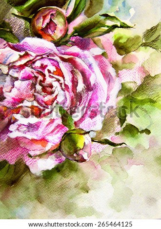 Beautiful lush pink peony flower with buds and leaves. Watercolor and graphics on textured paper - hand illustration.