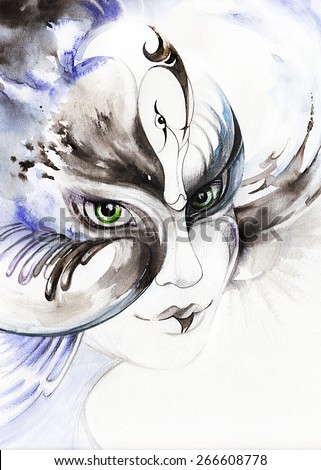 Princess - Swan. Beautiful girl in venetian mask swan with green eyes and expressive mysterious alluring look. Watercolor and graphics on paper texture - Hand illustration.