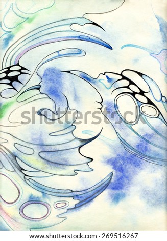 Beautiful gentle air abstraction - like transparent wings of a butterfly in the clouds. Watercolor and graphics on textured paper -\
hand drawing.