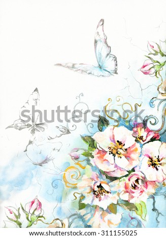 Delicate pink, white flowers of apple trees  with flying butterflies on a blue sky textural background. Hand illustration on paper.
