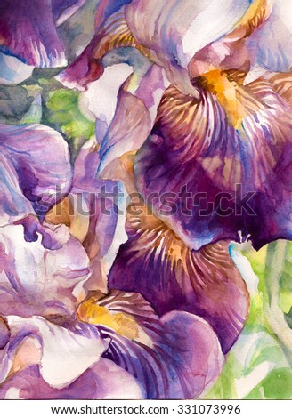 Flower garden. Beautiful watercolor background from flower petals in rich purple and violet tones. Hand illustration - watercolor on textured paper.