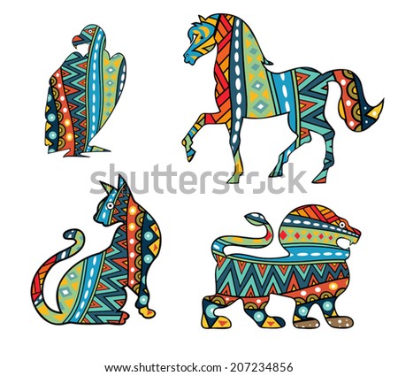 Patterned animals. Silhouettes of cat, lion, horse and vulture ornate with ethnic abstract pattern. Multicolored animals and bird with tribal ornament. Isolated on white. Vector is grouped EPS8.