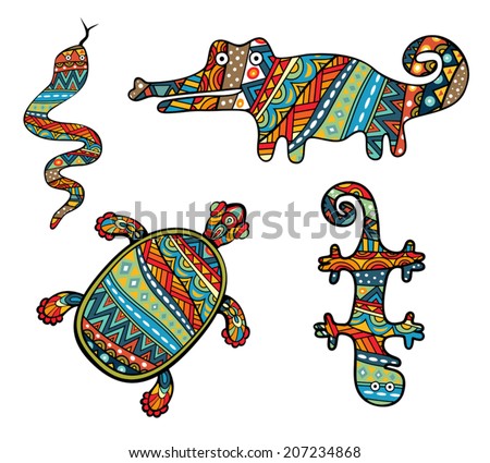 Patterned Reptiles. Silhouettes of turtle, snake, lizard and crocodile. Ornate animals with ethnic abstract pattern. Colorful tribal ornament in collection of various reptiles. Vector is grouped EPS8.