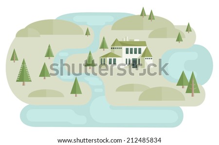 House near river. Vector illustration of landscape with villa near river between hills and pine trees. Map elements. Flat style. Vector file is EPS8, all elements are grouped.