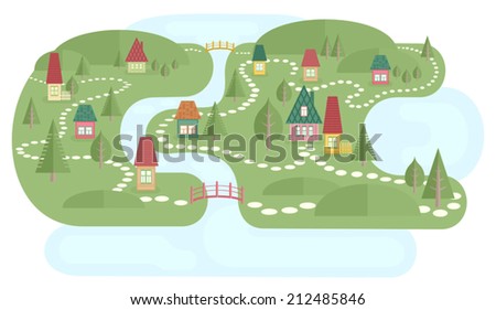 Map with fairyland. Vector illustration of landscape with small village near lake and river. Colorful houses, abstract trees and bridges. Cute pathways between houses. Map elements. Flat style.