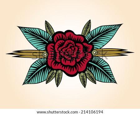 Small rose. Decorative tattoo style hand drawn flower. Abstract rose, with leaves and thorns. Vintage design element. Vector file is EPS8. All elements are grouped.