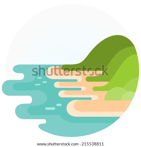 Abstract beach cartoon illustration. Landscape with sandy coastline near blue ocean and some green hills. Traveling theme series. Map element. Flat style. Vector EPS8, all elements are grouped.