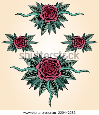 Collection of roses in tattoo style. Set of hand drawn flowers. Small posies with abstract roses, leaves and thorns. Vintage design elements. Vector file is EPS8. All elements are grouped.