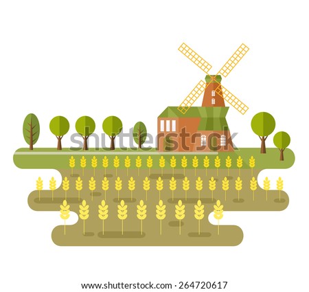 Landscape with windmill and field of wheat. Rural landscape. Map elements useful for agriculture infographic. Flat style. Vector file is EPS8.