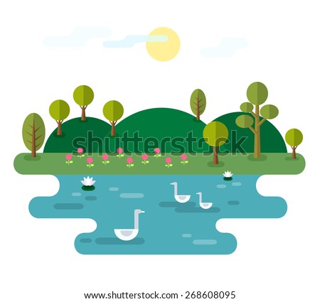 Idyllic landscape with lake. Illustration with Nature scene, with hills, trees, pond with water lilies and swans. Elements useful for infographics. Trendy flat style. Vector file is EPS8.
